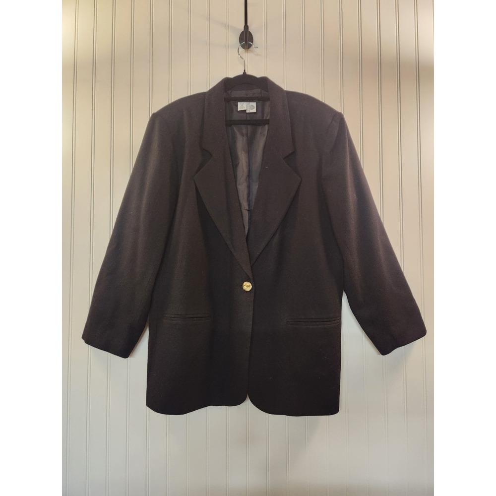 Vintage 1980s Savannah Women's Black 100% Wool 3/4 Sleeve Blazer Size 18 Classic